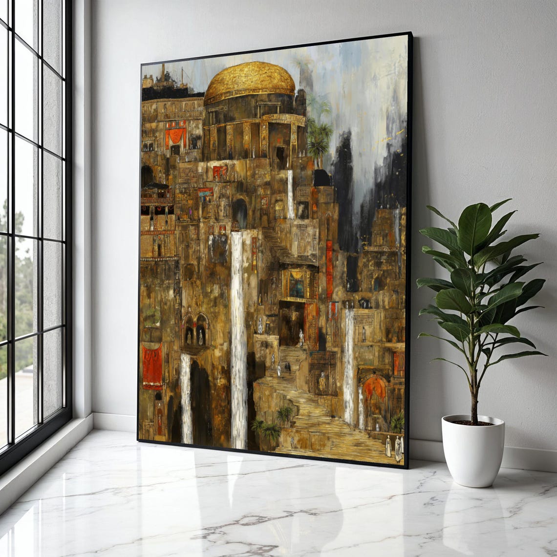 Epic Ancient Golden Dome City Waterfall Fantasy Cityscape Poster