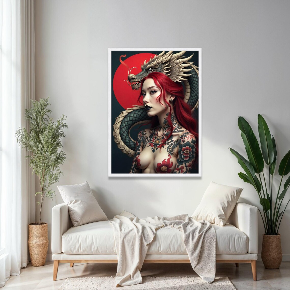 Red Haired Woman With Dragon Tattoo Red Sun Japanese Art Poster