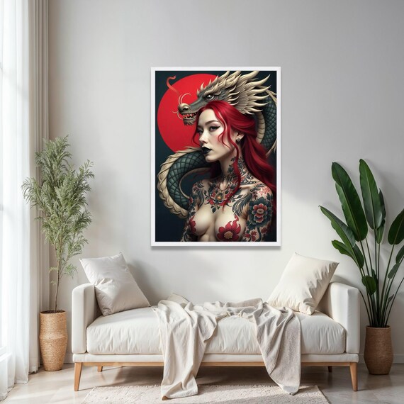 Red Haired Woman With Dragon Canvas Tattoo Art Wall Decor Asian Mythology Bold Fantasy Portrait Gift Home Print