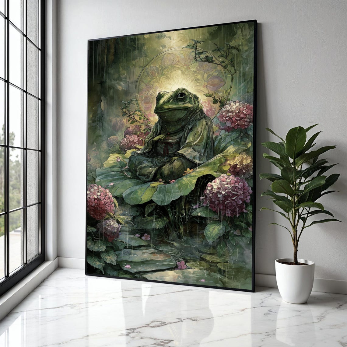 Meditating Frog Monk on Lily Pad Fantasy Painting Art Poster