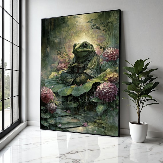 Meditating Frog Monk on Lily Pad Fantasy Painting Art Poster