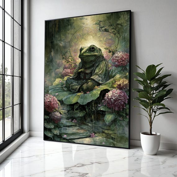 Meditative Frog On Lily Pad Canvas Zen Garden Wall Art Nature Illustration Tranquil Pond Scene Floral Gift Home Decor Print