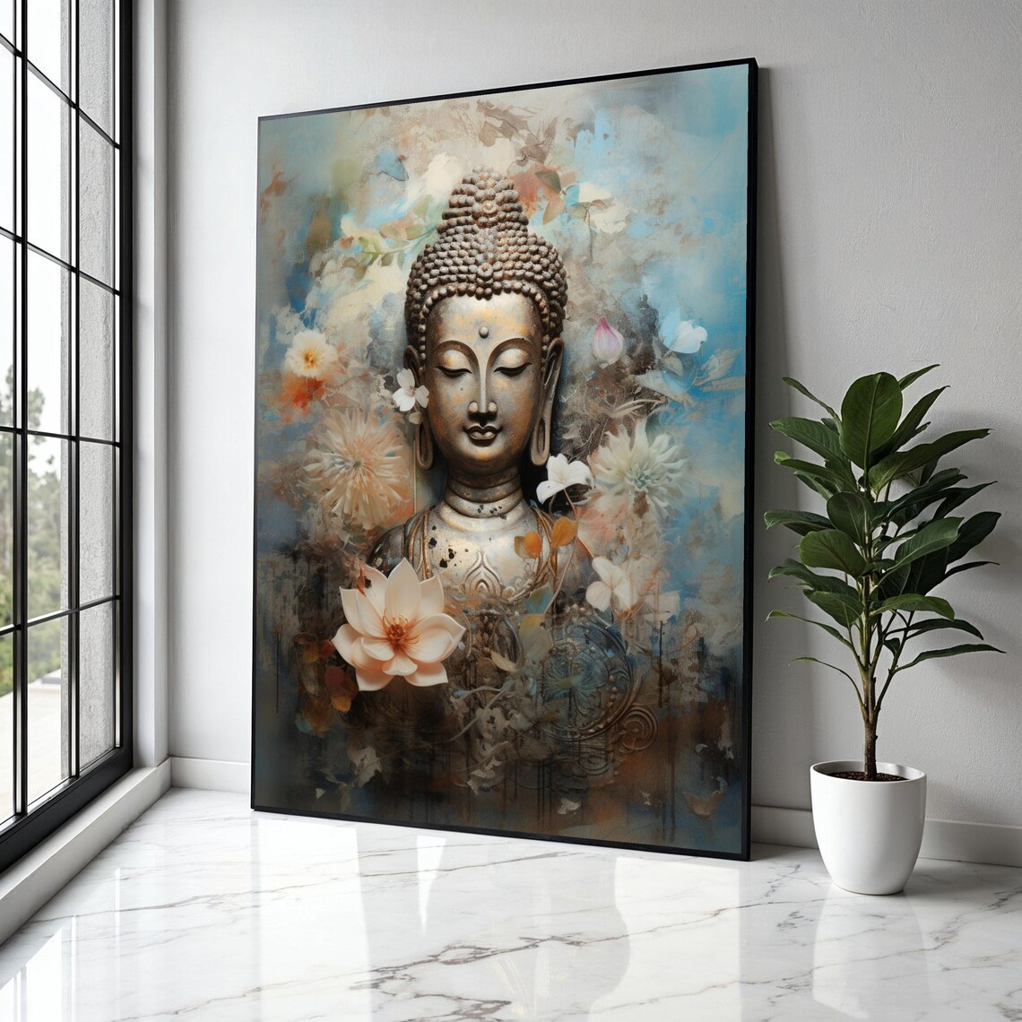Buddha Bust Soft Pastel Flowers Blue Beige Floral Zen Poster