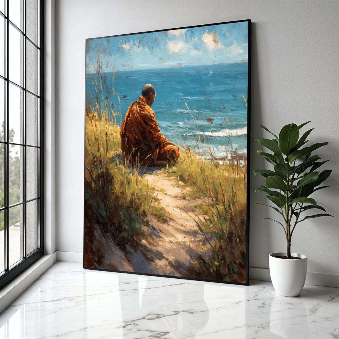 Monk Overlooking Ocean Grassy Cliff Impressionist Art Poster