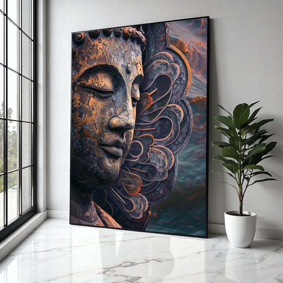 Ancient Buddha Face Copper Patina Stone Carving Zen Art Poster