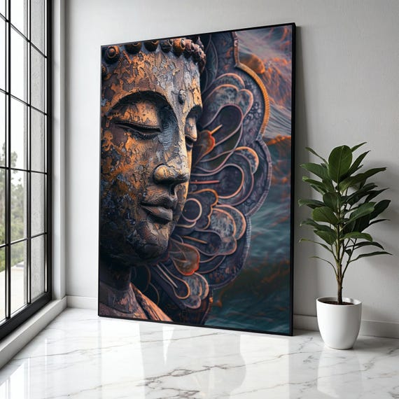 Meditative Buddha Face Canvas Spiritual Wall Art Zen Sculpture Decor Metal Finish Peaceful Home Decoration Gift Print