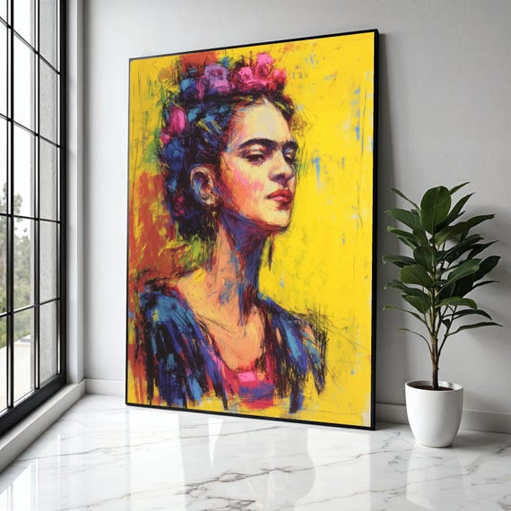 Vibrant Frida Portrait Canvas Colorful Wall Art Modern Abstract Home Decor Artistic Female Face Ready Gift Print