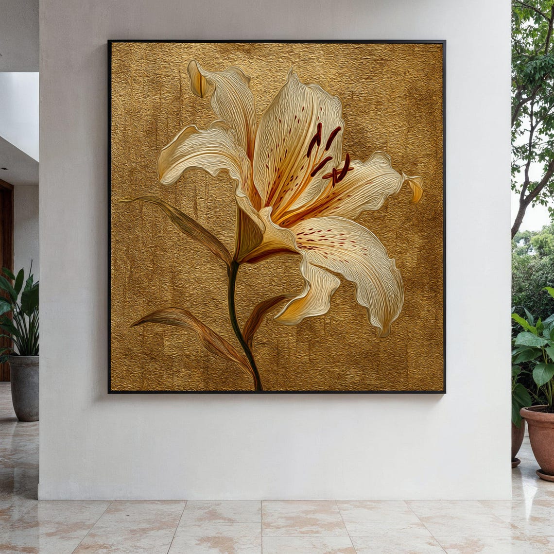 Cream Lily Bloom on Textured Shimmering Gold Background Art Poster