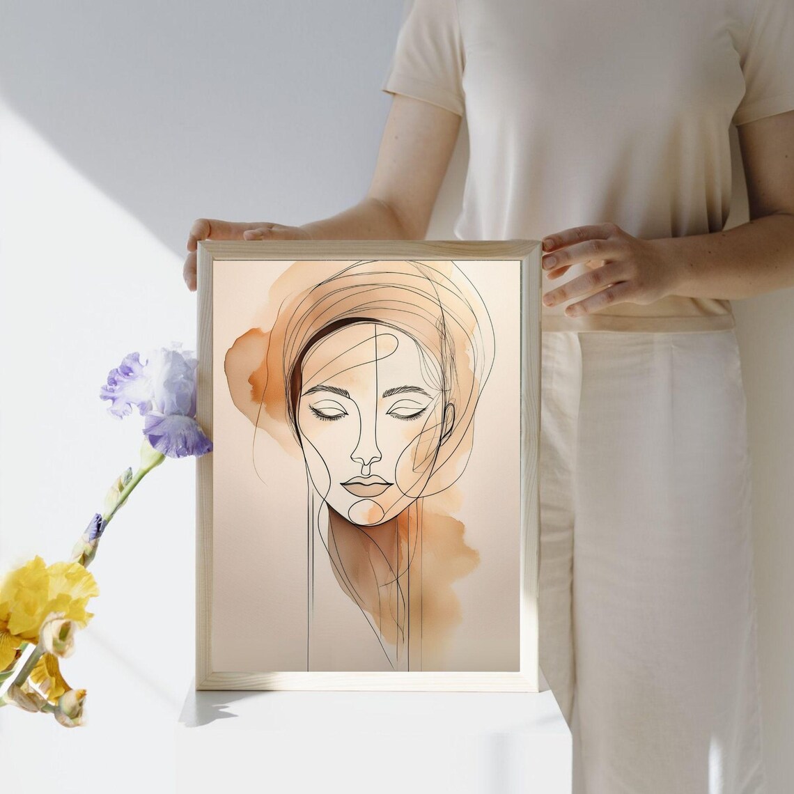 Minimal Line Art Woman Portrait, Abstract Watercolor - Image 5