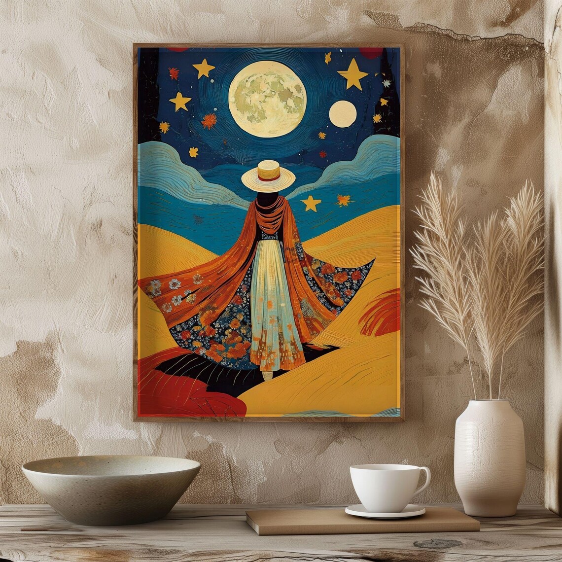 Boho Woman Wall Art, Abstract Moon And Stars