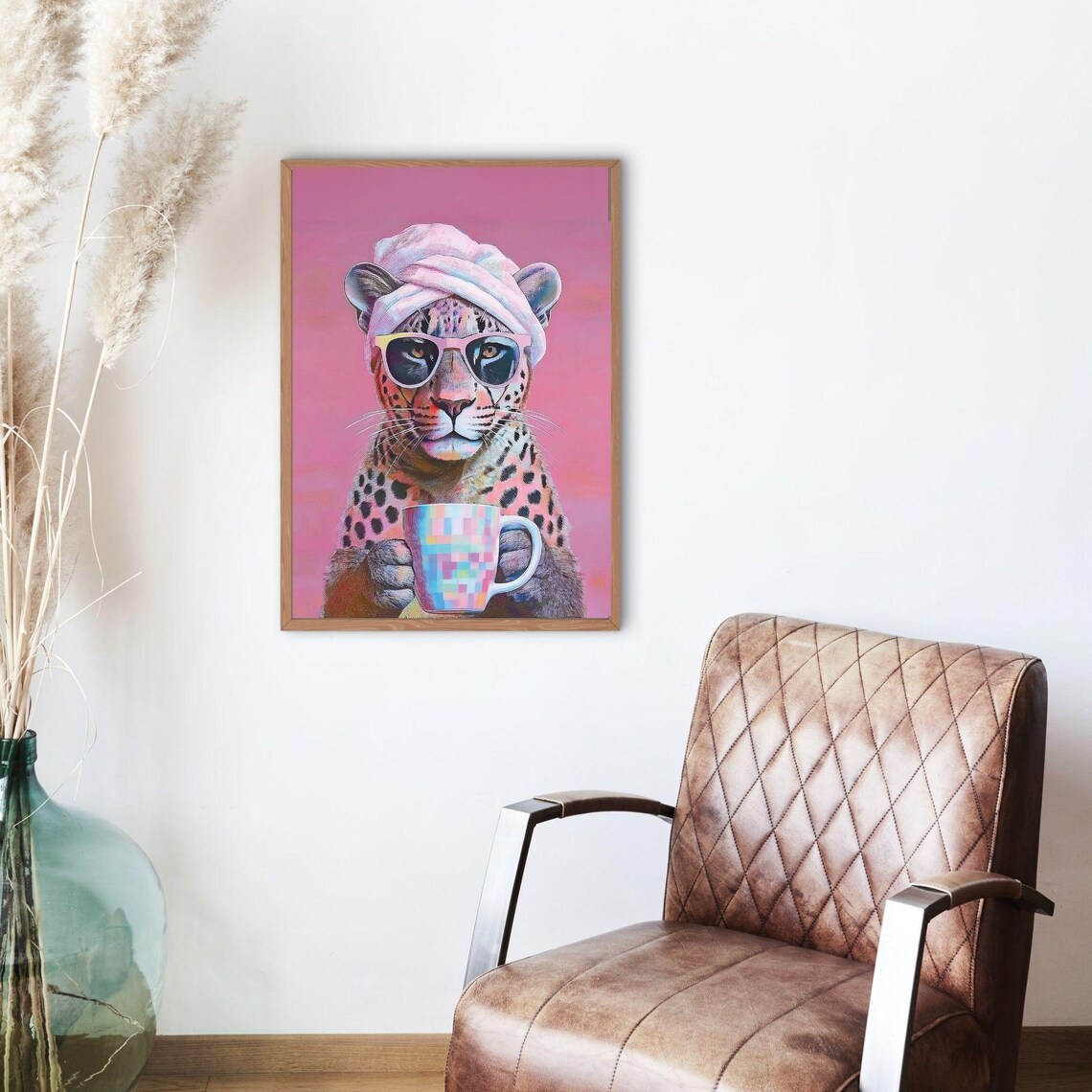 Leopard Drinking Coffee, Maximalist Oil Painting - Image 4
