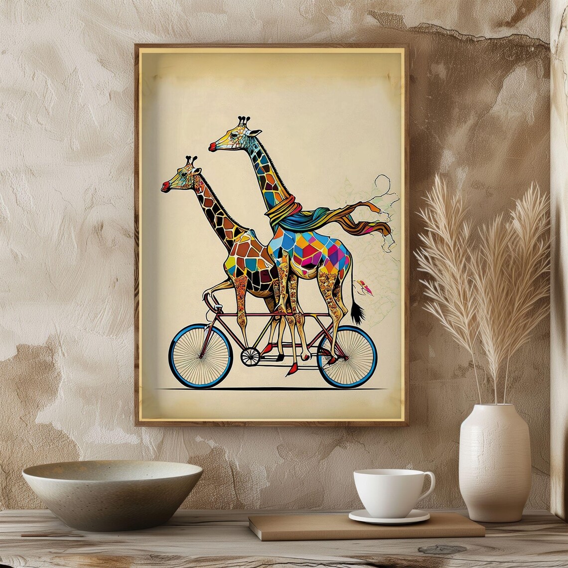 Colorful Giraffes On Bicycle, Boho Animal Art Print - Image 4