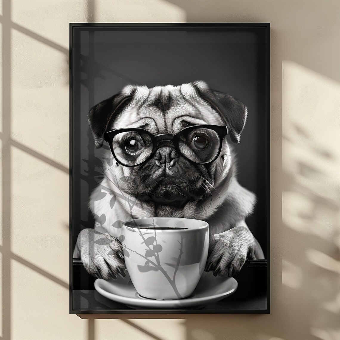 Pug Dog Drinking Coffee, Retro Coffee Lover Poster