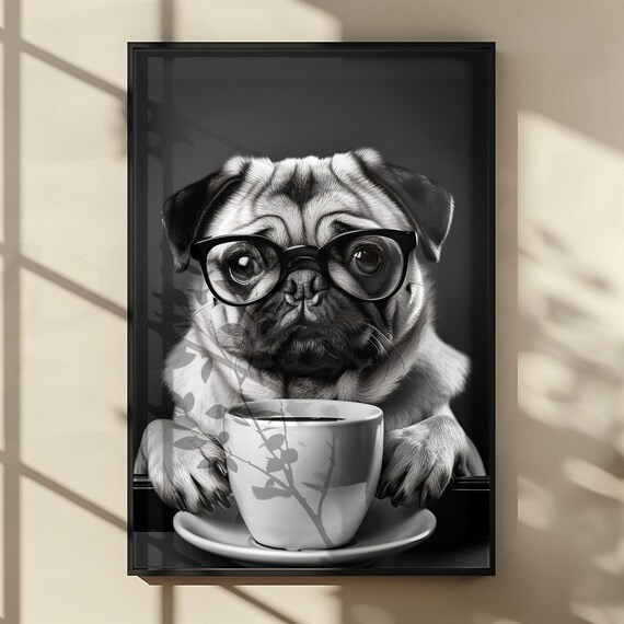Pug Dog Drinking Coffee, Retro Coffee Lover Poster