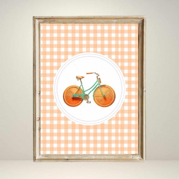 Vintage Orange Slice Bicycle Print, Mid-Century Boho Decor
