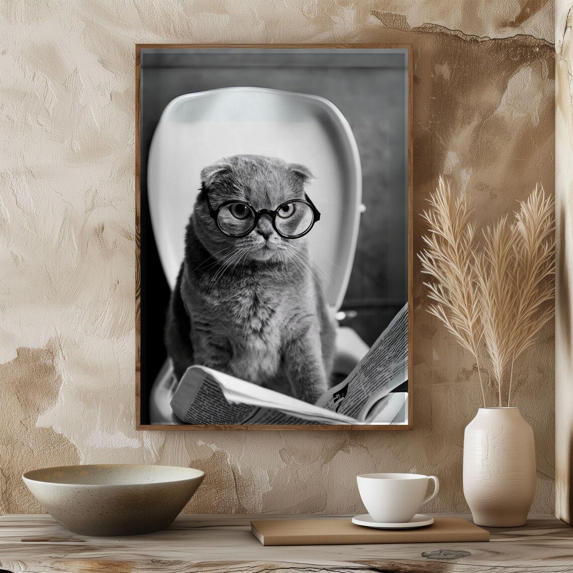 Scottish Fold Sitting On Toilet, Funny Vintage Art