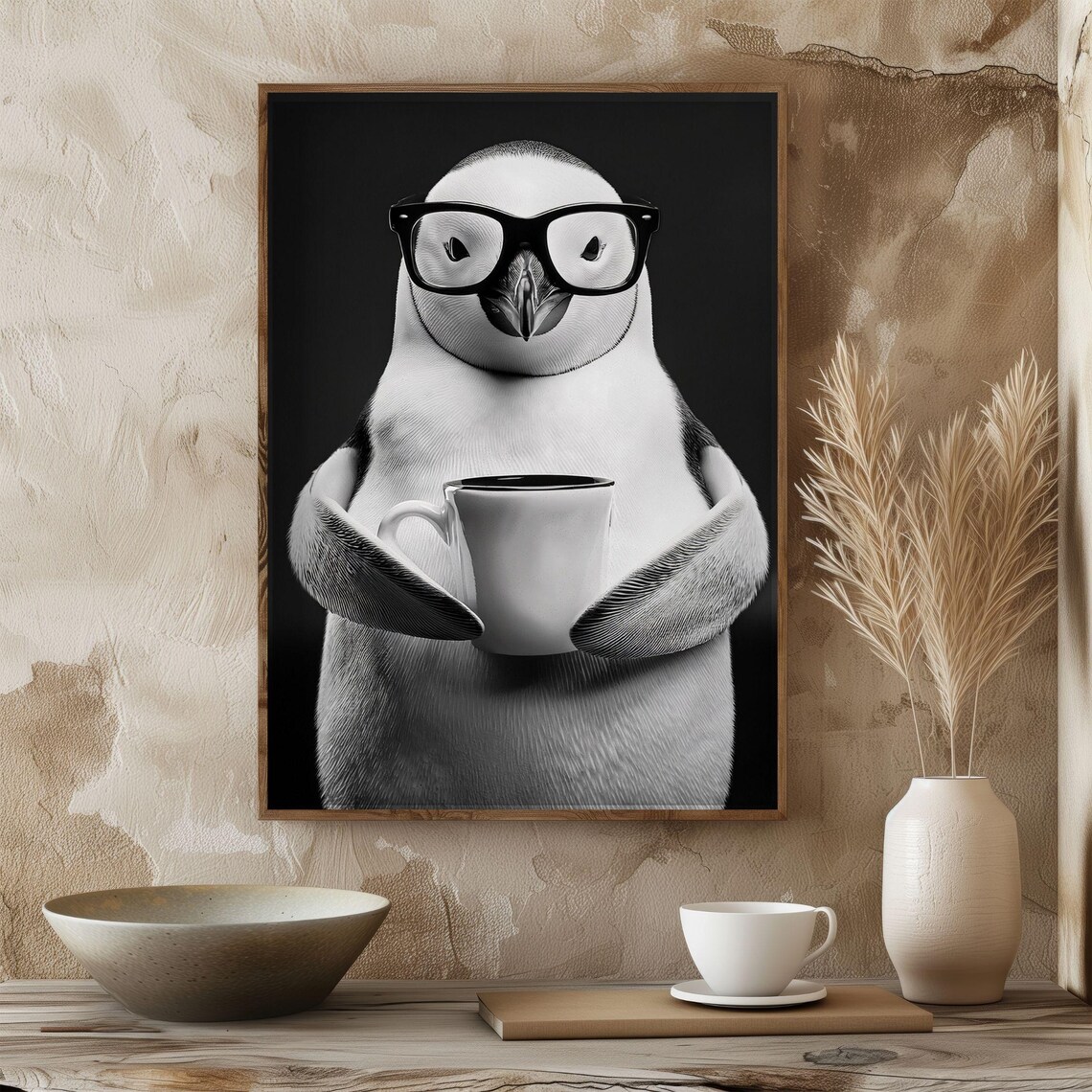 Penguin Cute Animal Drinking Coffee, Vintage Poster