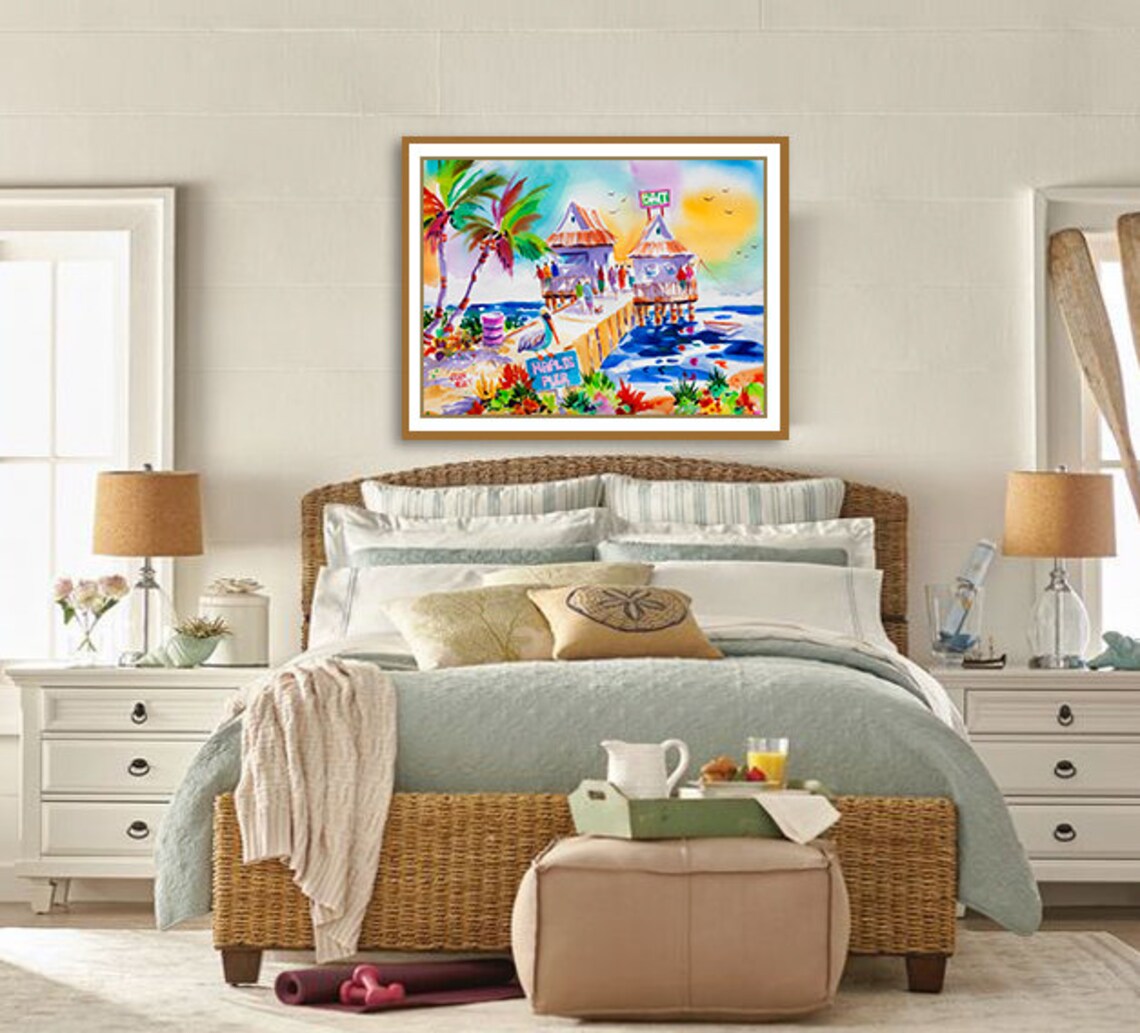 Naples Pier Pelican Watercolor Art Print, Florida