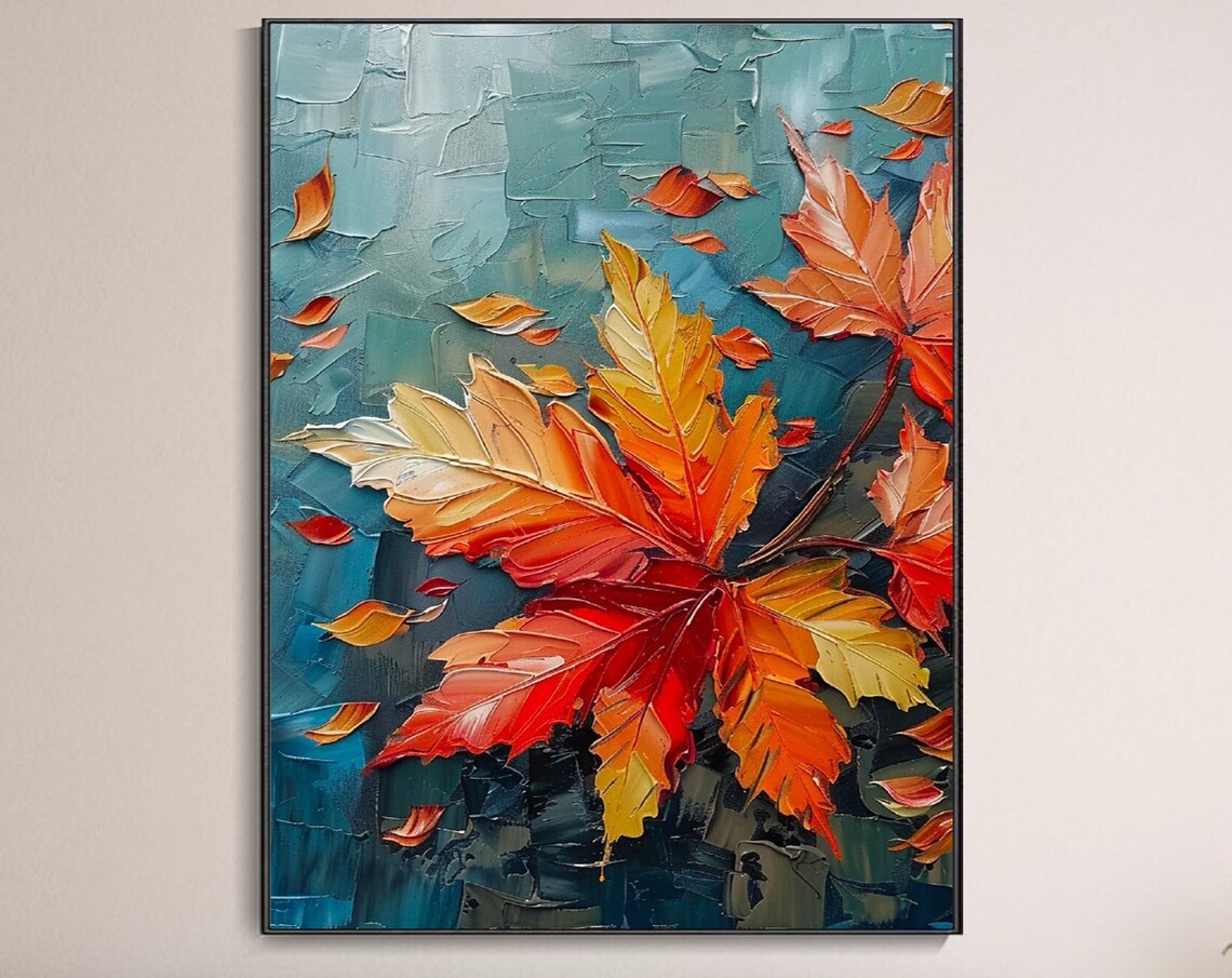 Vibrant Autumn Maple Leaves Textured Impasto Oil Painting Fall Poster