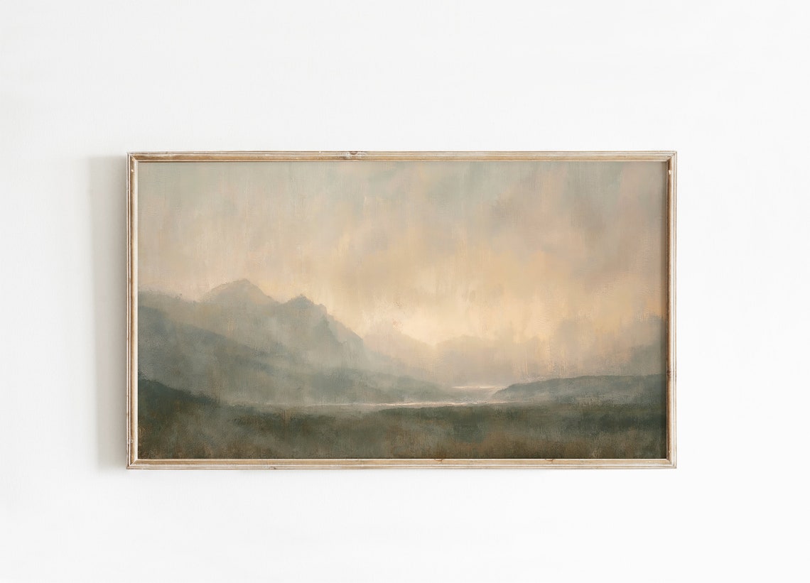 Misty Mountain Valley Neutral Tonal Atmospheric Landscape Wall Art