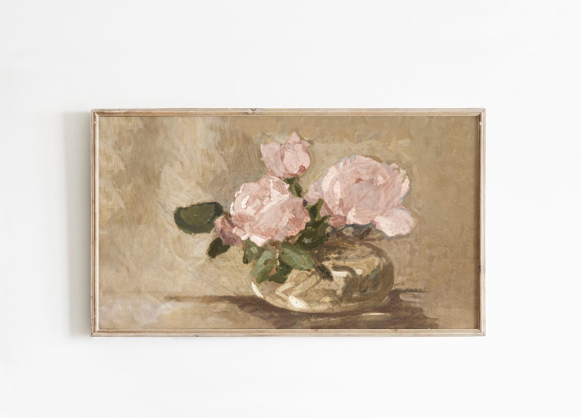 Blush Pink Roses Brass Vase Neutral Vintage Floral Still Life Wall Art