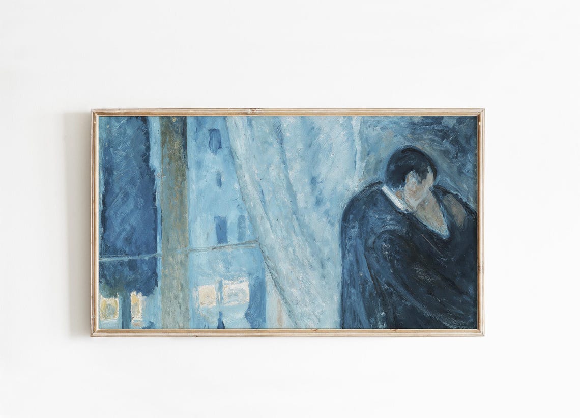 Blue Embrace Couple Moody Vintage Romantic Kiss Art Home Poster