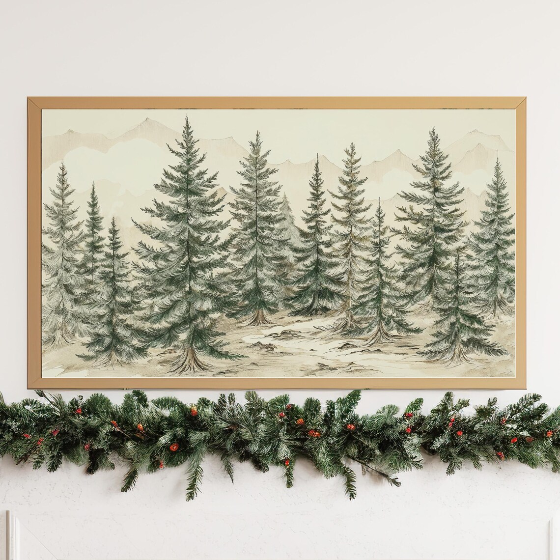 Watercolor Evergreen Pine Trees Snowy Mountains Neutral Winter Poster - Image 3