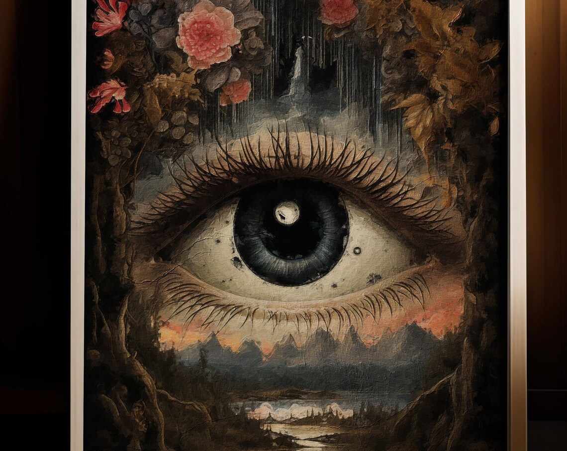 Surreal Eye with Mountain Landscape and Floral Dreamscape Poster - Image 3