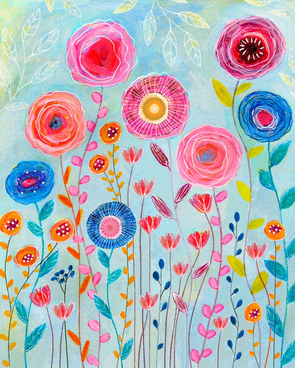 Giant Blooming Flowers Rising Over a Turquoise Garden Poster