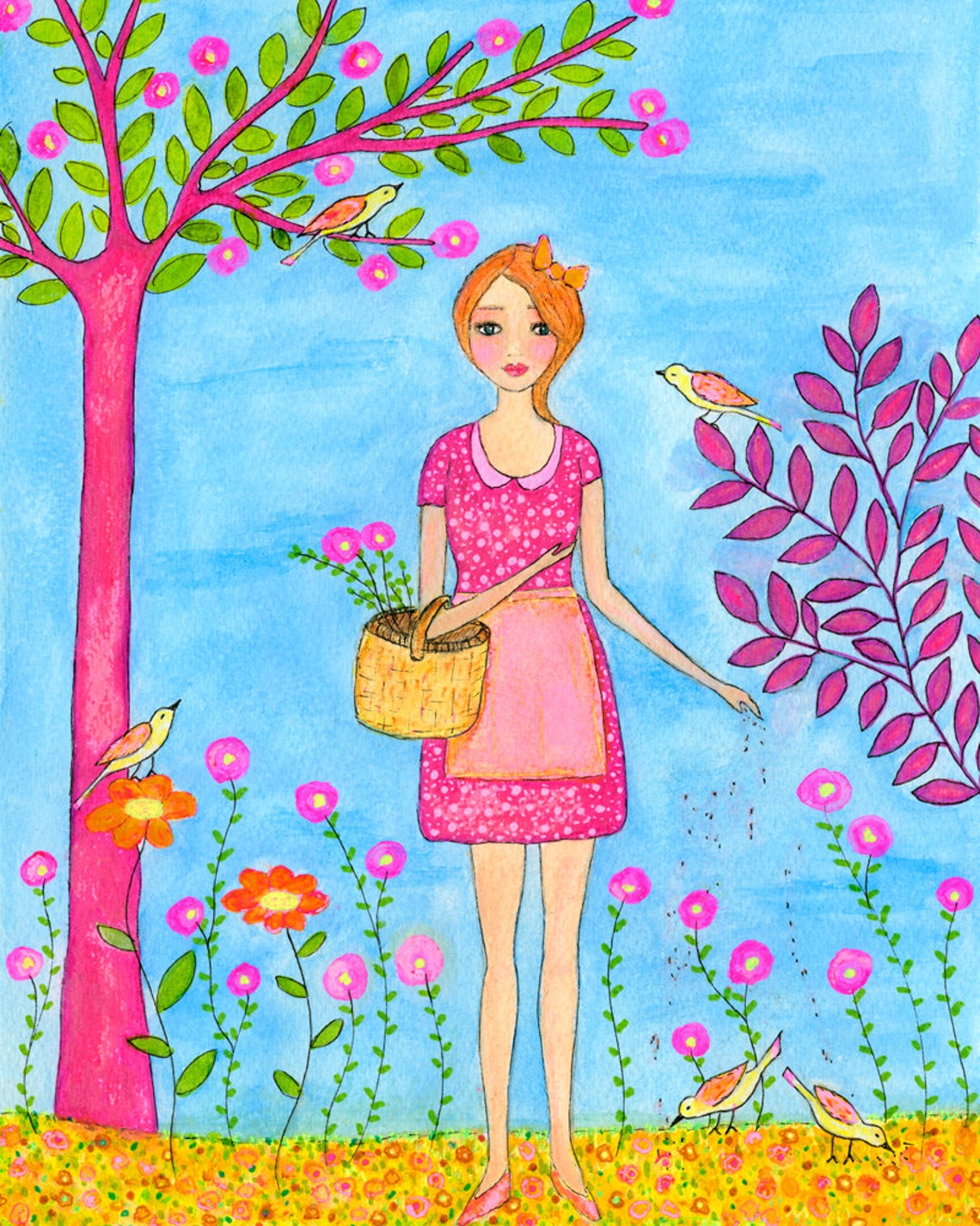 Girl Feeding Birds Art Print For Girls Room Childrens Art Print For Nursery Children Decor Girl Nursery Decor Nursery Art