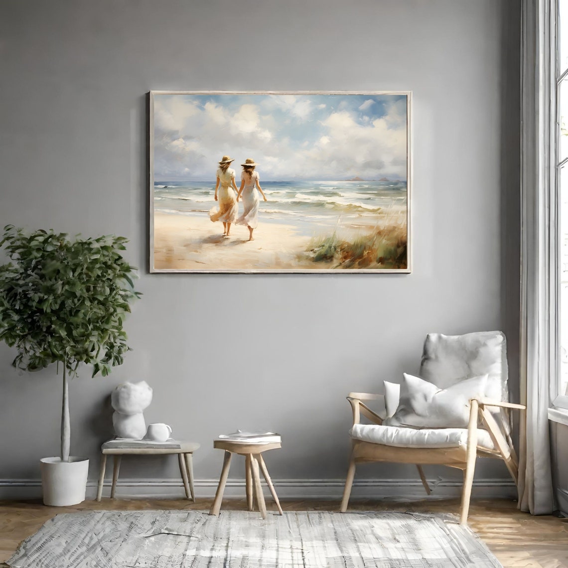 Women Walking On Beach Vintage Landscape Oil Painting Seaside Antique Summer Wall Art Seascape Print Coastal Sea Poster - Image 3