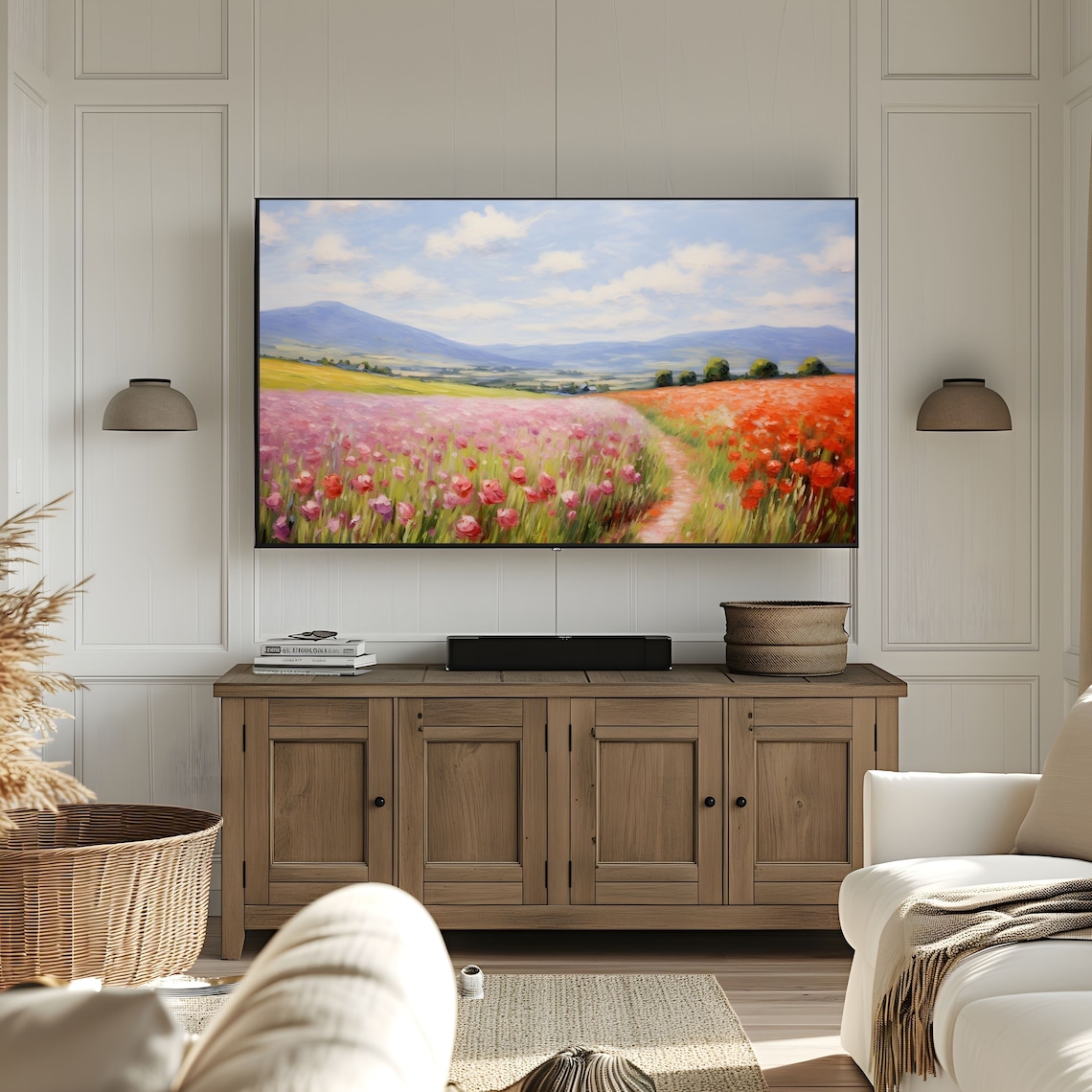 Pink and Red Wildflower Field with Mountain View Impressionist Painting Poster - Image 2