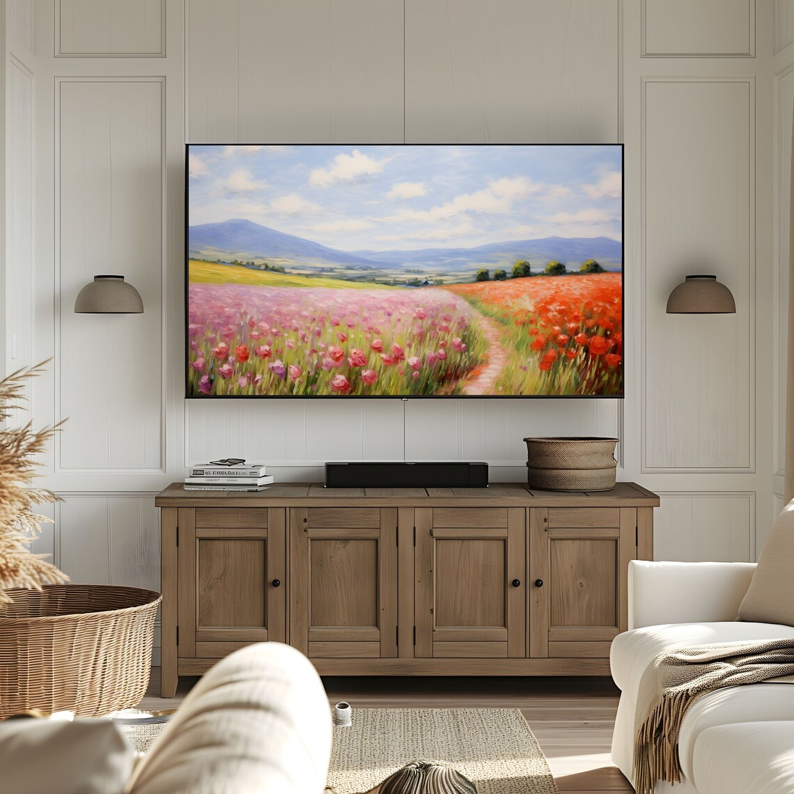 Spring Frame Tv Art Wildflower Field Landscape Oil Painting Vintage Farmhouse Decor Antique Country Cottage Art - Image 2