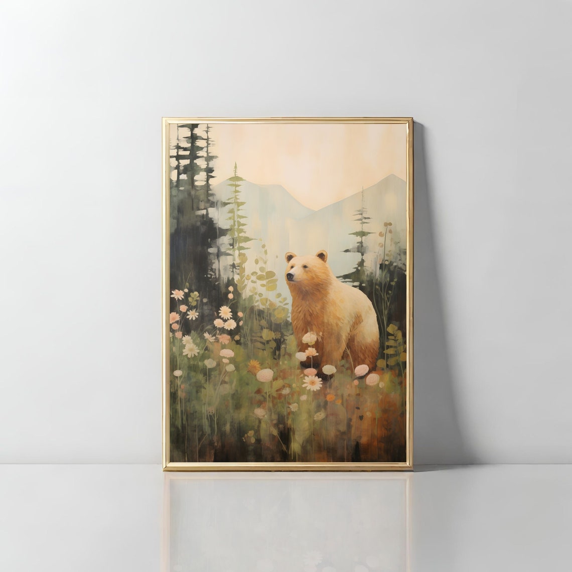 Bear Among Daisies with Mountain Pines Vintage Wildlife Poster - Image 2