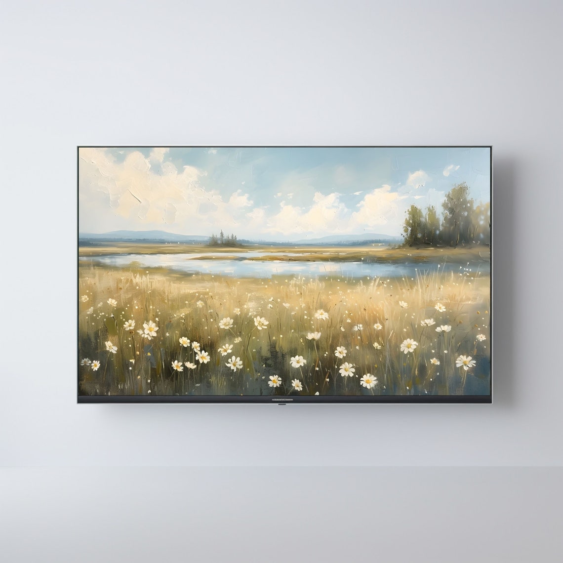 Daisy Meadow by the Lake Vintage Spring Wildflower Landscape Poster - Image 2