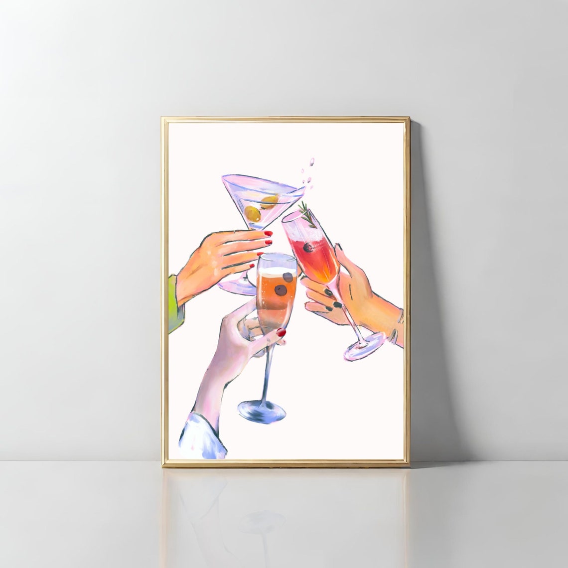 Martini And Champagne Toast Girls Night Out Watercolor Wall Art