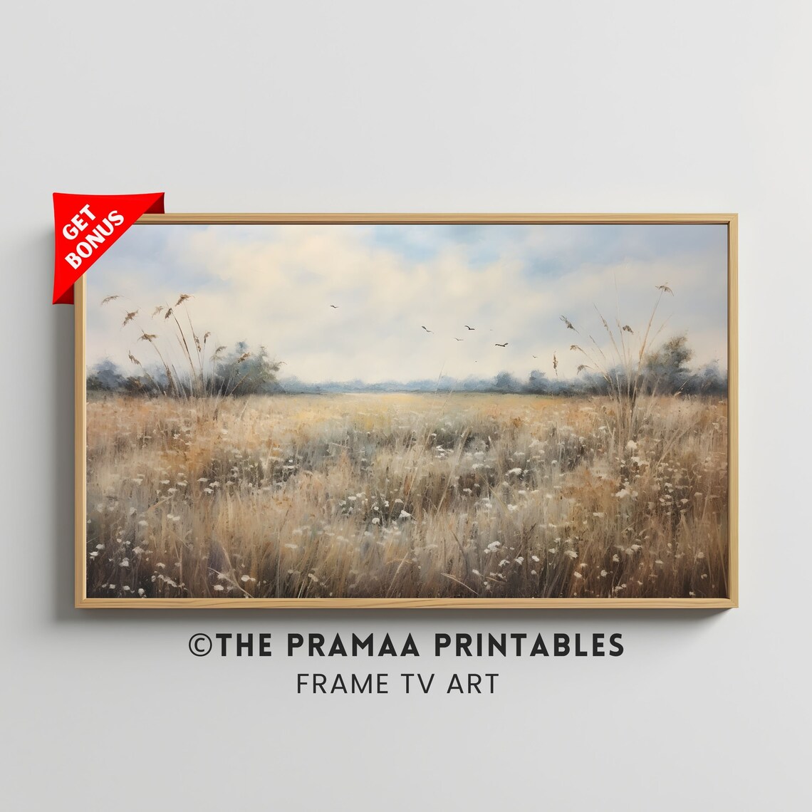 Golden Wildflower Field with Birds Vintage Prairie Landscape Poster