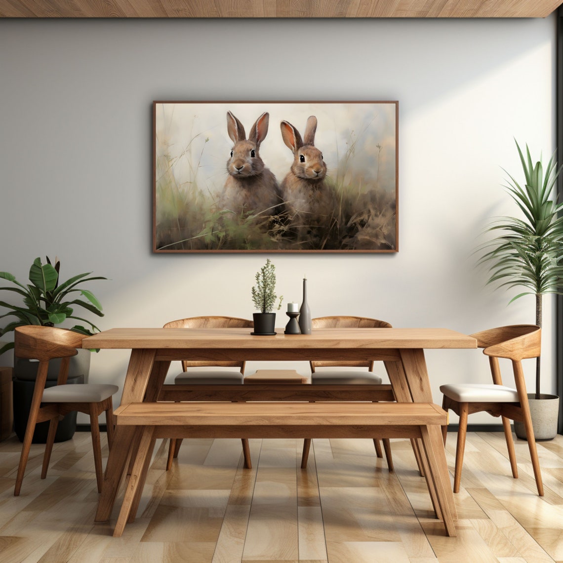Two Bunnies Resting in Golden Grass Vintage Spring Rabbit Poster - Image 3
