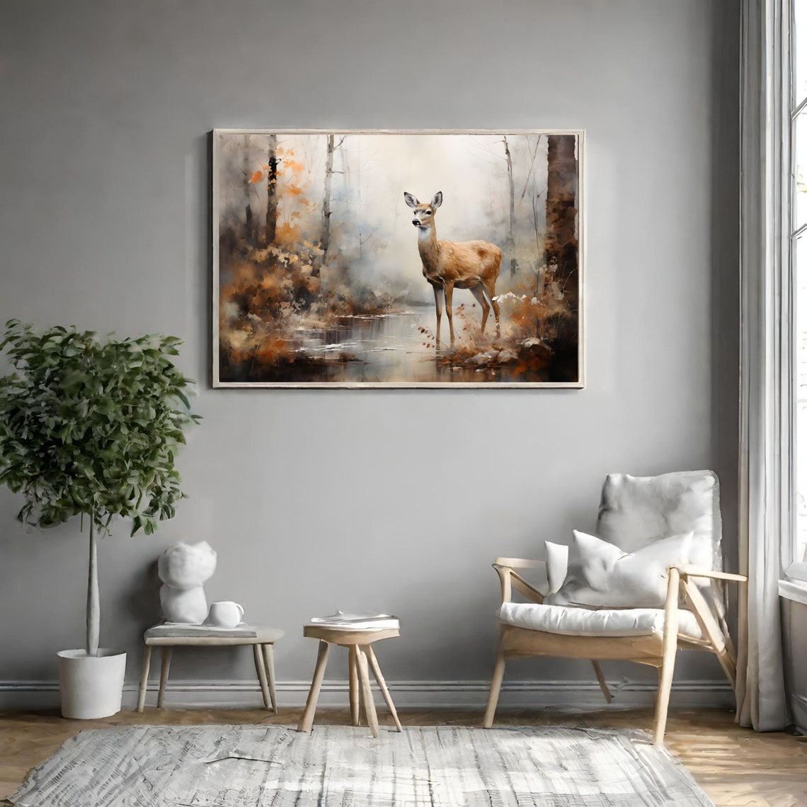 Deer at a Forest Stream Misty Autumn Wildlife Painting Poster - Image 3