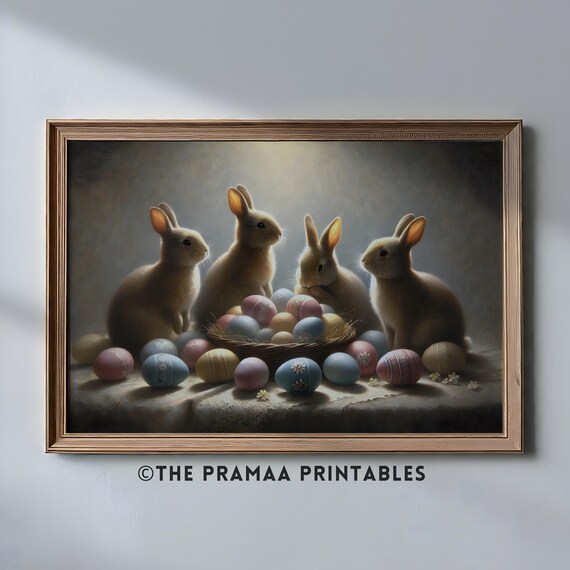 Vintage Easter Bunny Landscape Painting Moody Rabbits Art Print Pastel Spring Decor Rustic Woodland Nursery Wall Art Ew09