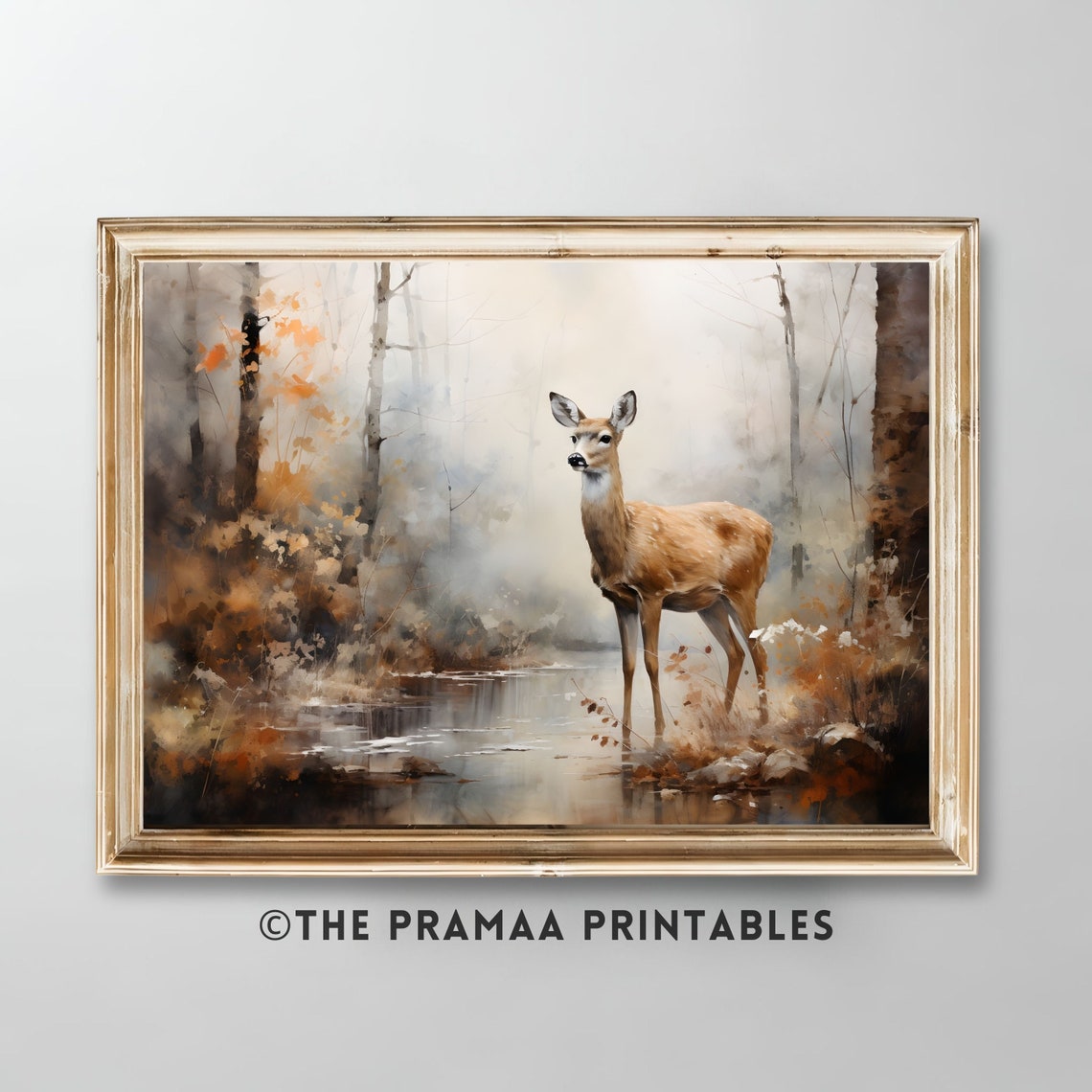 Deer at a Forest Stream Misty Autumn Wildlife Painting Poster