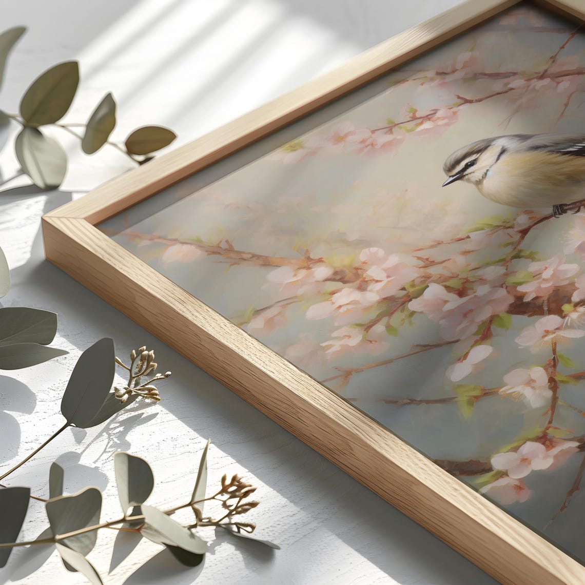 Blue Tit on a Pink Blossom Branch Charming Spring Bird Painting Poster - Image 2