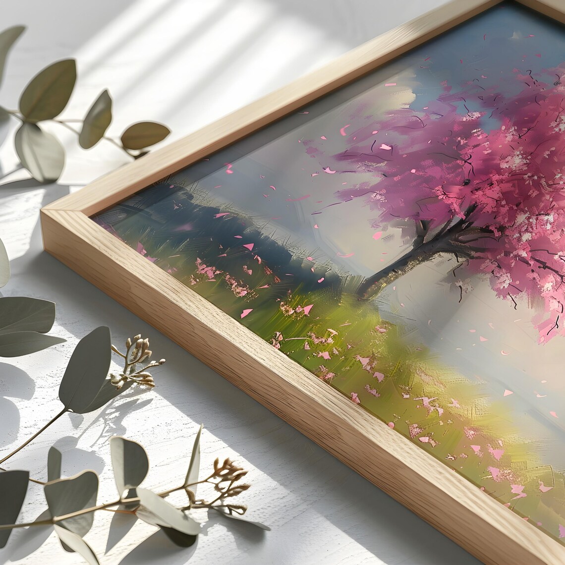 Pink Cherry Blossom Tree Falling Petals Impressionist Painting Wall Art - Image 2