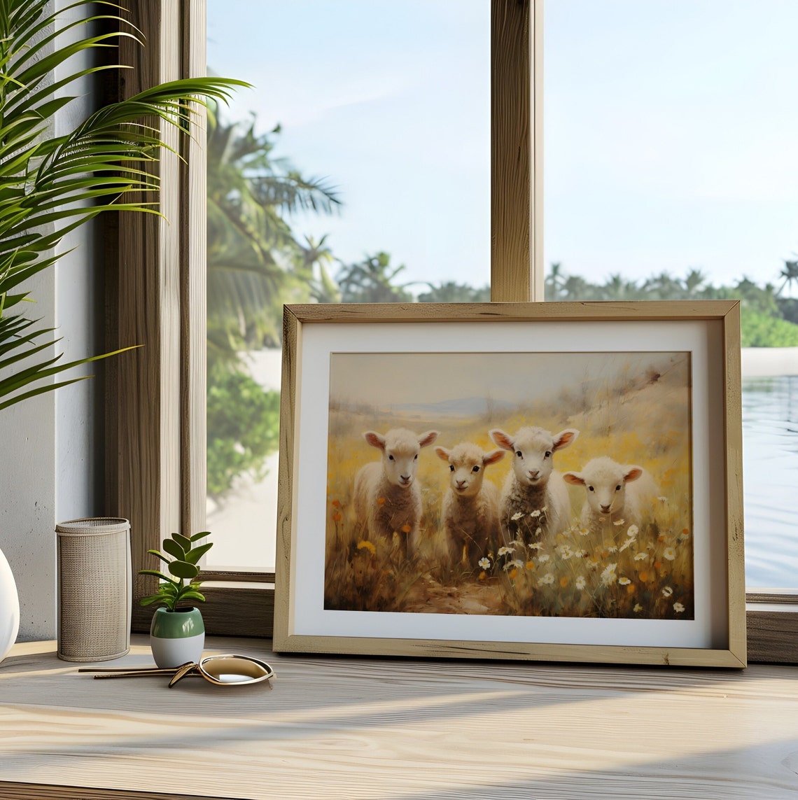 Four Lambs in Golden Wildflower Meadow Vintage Spring Poster - Image 3