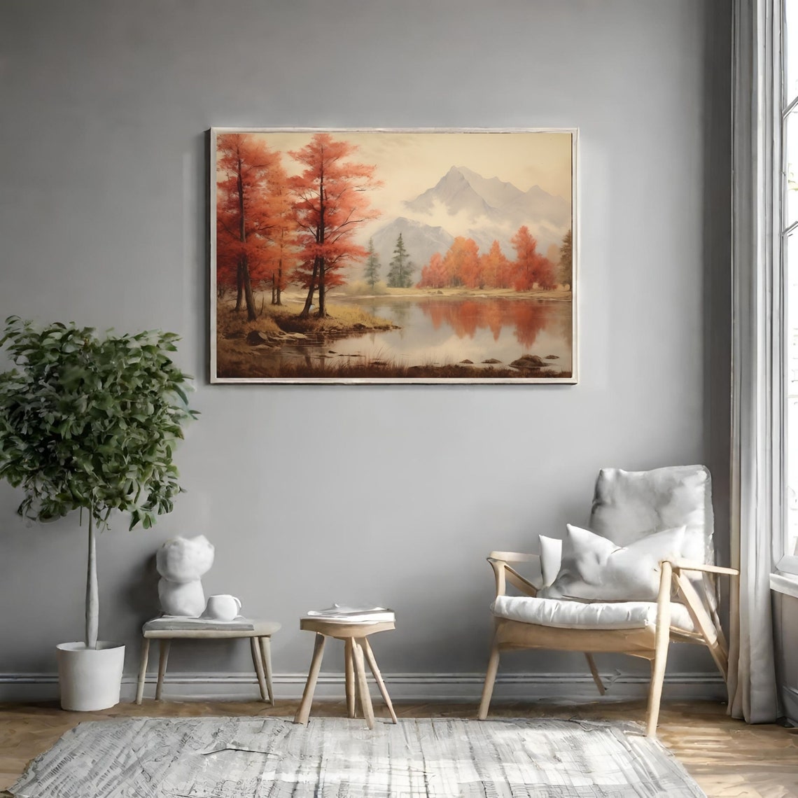 Fall Landscape Red Autumn Trees Mountain Lake Vintage Poster - Image 3