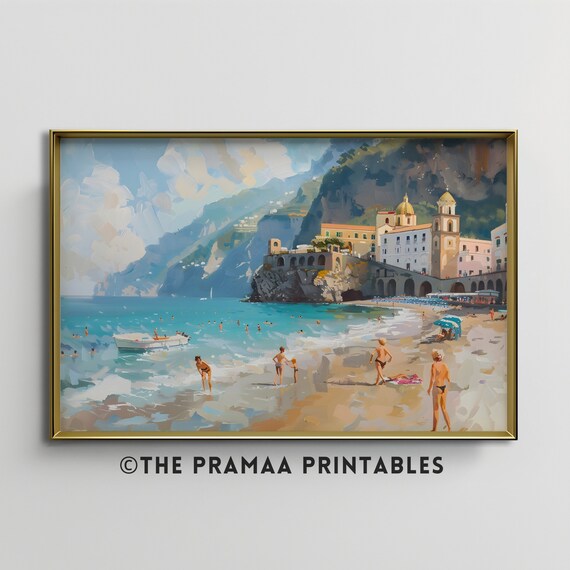 Mediterranean Coastal Town Beach with Cliff Houses Summer Travel Painting Poster