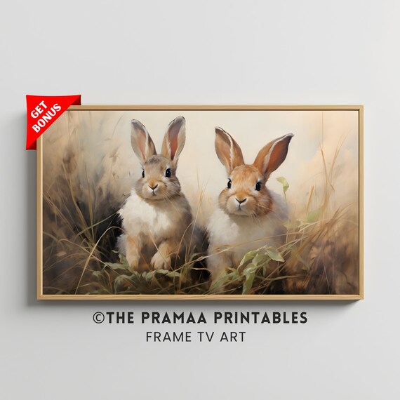 Two Bunnies in Tall Grass Vintage Spring Rabbit Meadow Poster