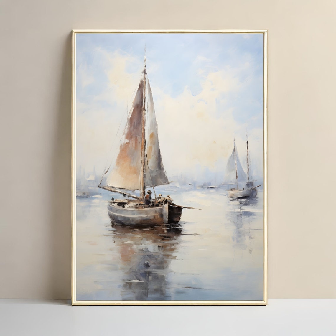 Sailboat Harbor Watercolor Soft Blue Coastal Nautical Art Print - Image 3