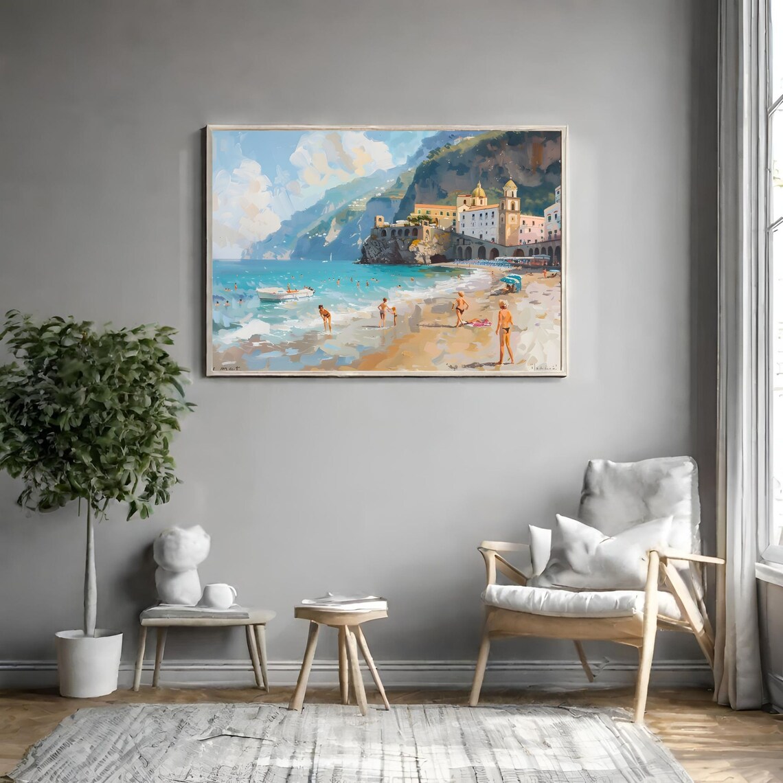 Mediterranean Coastal Town Beach with Cliff Houses Summer Travel Painting Poster - Image 3