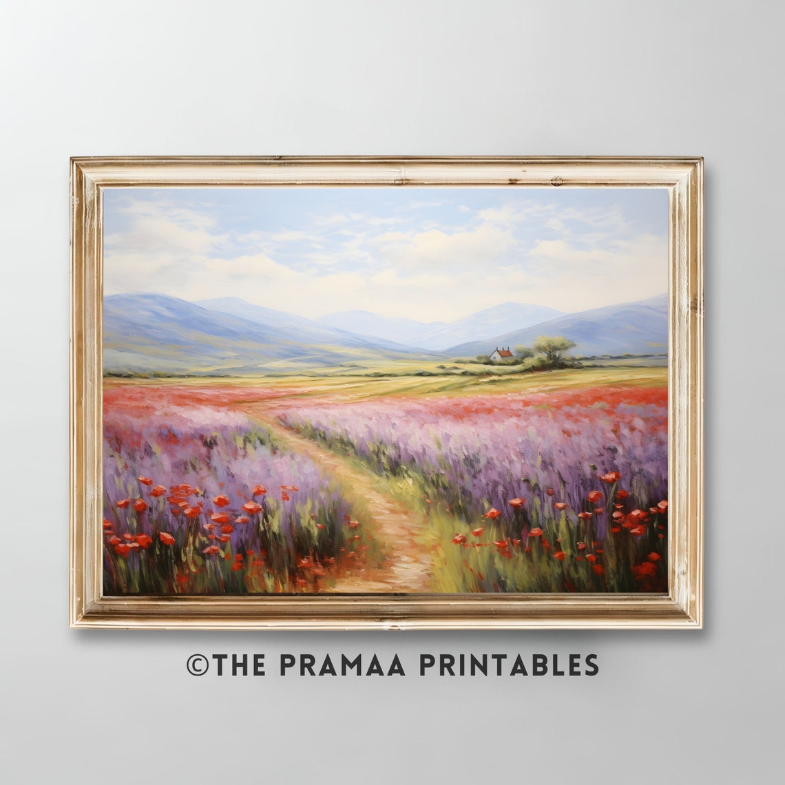 Poppy and Lavender Field Mountain Path Romantic Oil Painting Poster